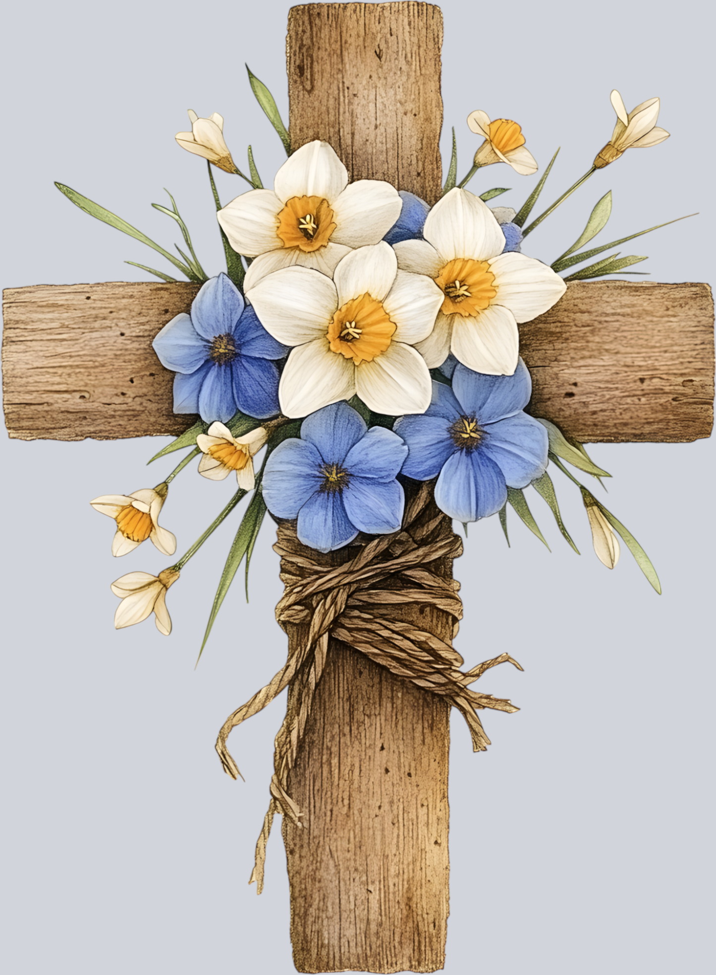 Wooden cross with white flowers